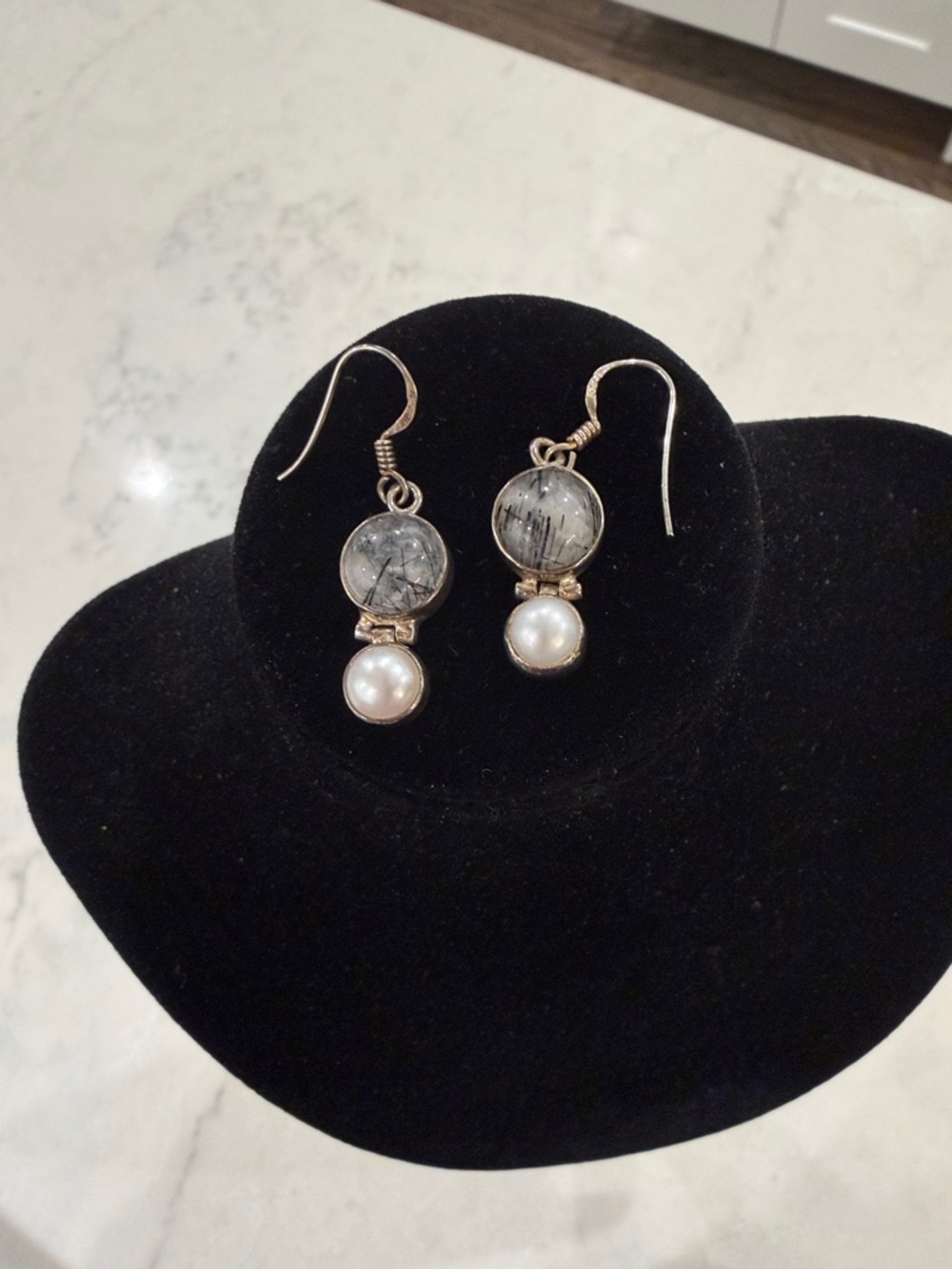 Handcrafted Silver-Tone Black & White Dangle Earrings with Pearls